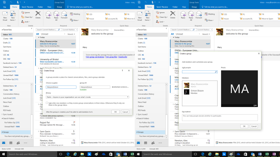 You can make the new Office 365 Groups in Outlook as well as reading conversations there