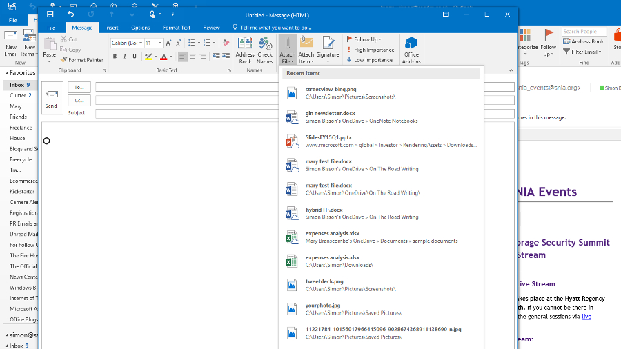 Outlook shows a list of files you've been editing ready to send in a new mail