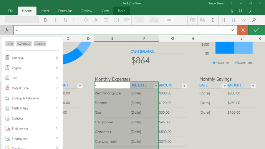 Excel for Windows has a status bar and this handy quick function list