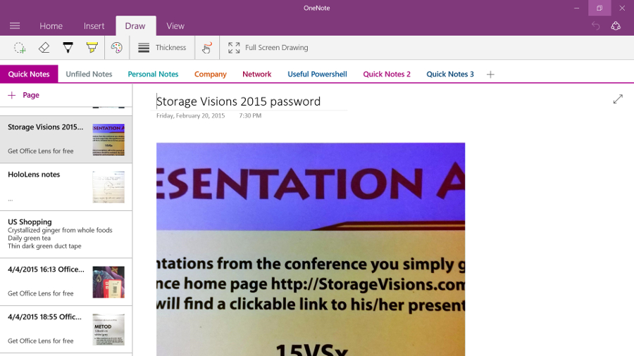 OneNote for Windows takes up much of the screen with the ribbon but the thumbnails are useful