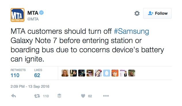 Samsung Galaxy Note 7 warning