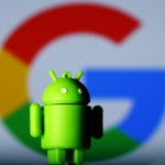 A 3D printed Android mascot Bugdroid is seen in front of a Google logo in this illustration taken July 9, 2017. Picture taken July 9, 2017.  REUTERS/Dado Ruvic/Illustration