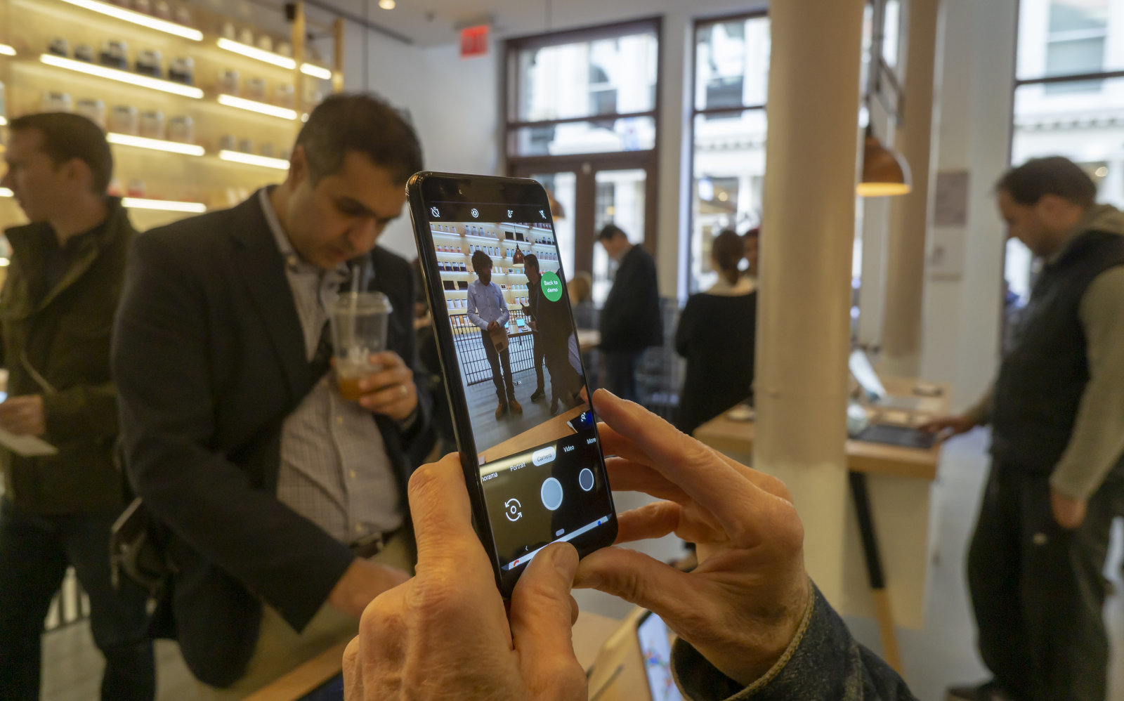 A visitor tries out a Pixel 3 smartphone in the Google Hardware Store in the Soho neighborhood of New York on its grand opening day, Thursday, October 18, 2018. The store displays a variety of products from Google such as Google Home appliances and the new Pixel 3 smartphones and provides experiential shopping for customers. (ÂPhoto by Richard B. Levine)
