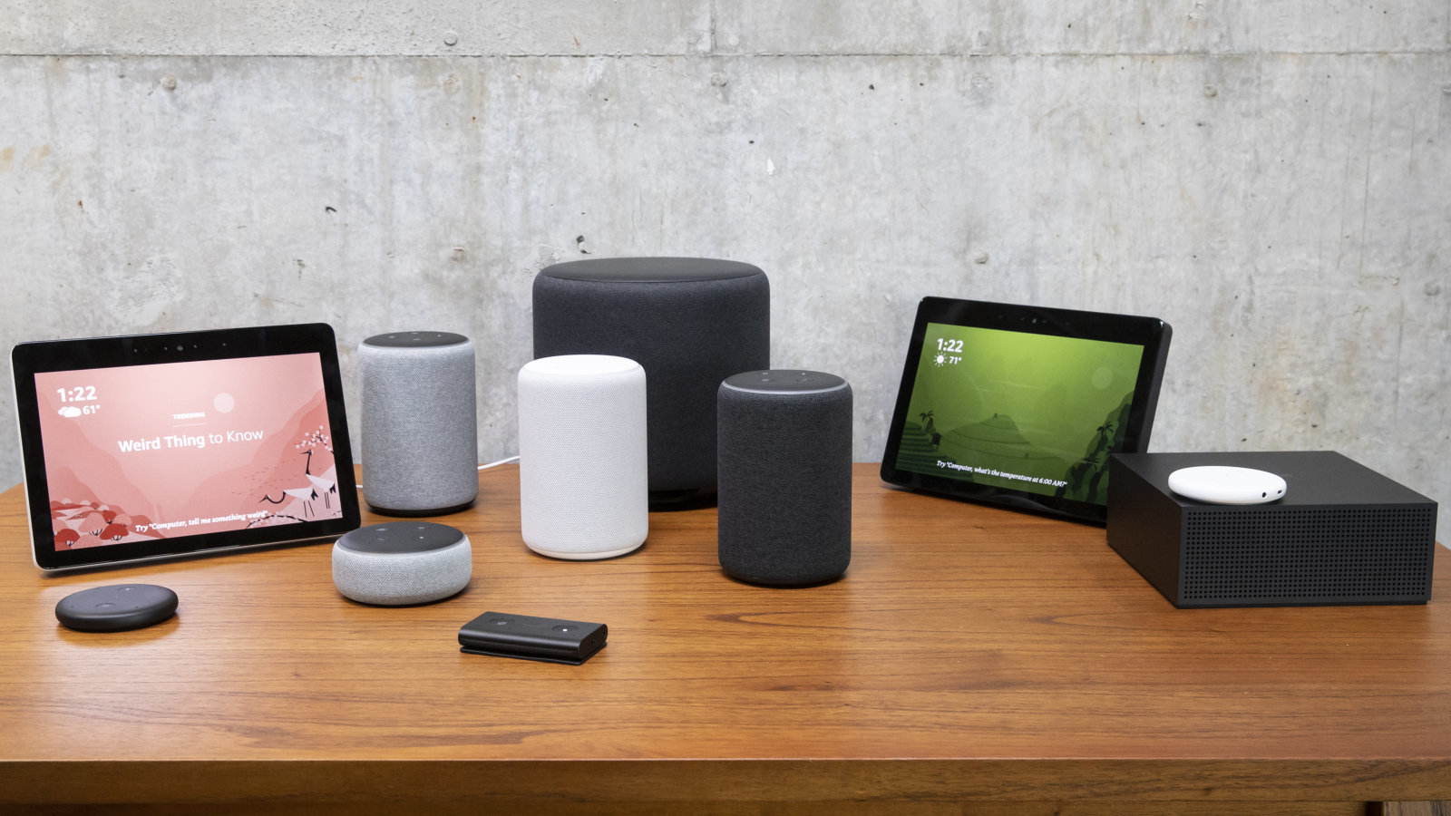 SEATTLE, WA - SEPTEMBER 20: An assortment of newly launched devices, including, an "Echo Input," "Echo Show, "Echo Plus," "Echo Sub," "Echo Auto" and "Firetv Recast" are pictured at Amazon Headquarters, follownig a launch event, on September 20, 2018 in Seattle Washington. Amazon launched more than 70 Alexa-enable products during the event. (Photo by Stephen Brashear/Getty Images)