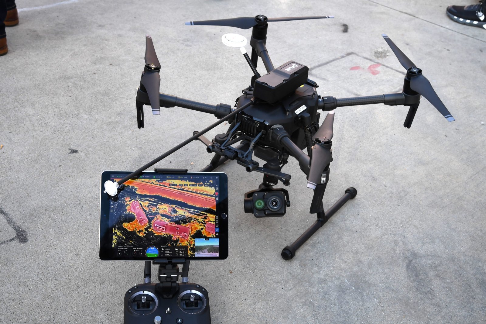 The new FLIR C360 Muve gas detector is seen on a DJI Matrice 210 drone, during a demonstration at the Los Angeles Fire Department ahead of DJI's AirWorks conference in Los Angeles, California, on September 23, 2019. - Drones are proving to be a game changer for emergency responders who are increasingly using the technology to spot fires, detect toxic gas or to locate missing people or suspects, experts say.
"Where we cannot go, we will now be putting a unmanned aircraft system (UAS), where we can't see we can now put a UAS," Richard Fields, battalion chief with the Los Angeles Fire Department, told AFP at a conference on drones this week in Los Angeles. (Photo by Robyn Beck / AFP)        (Photo credit should read ROBYN BECK/AFP/Getty Images)