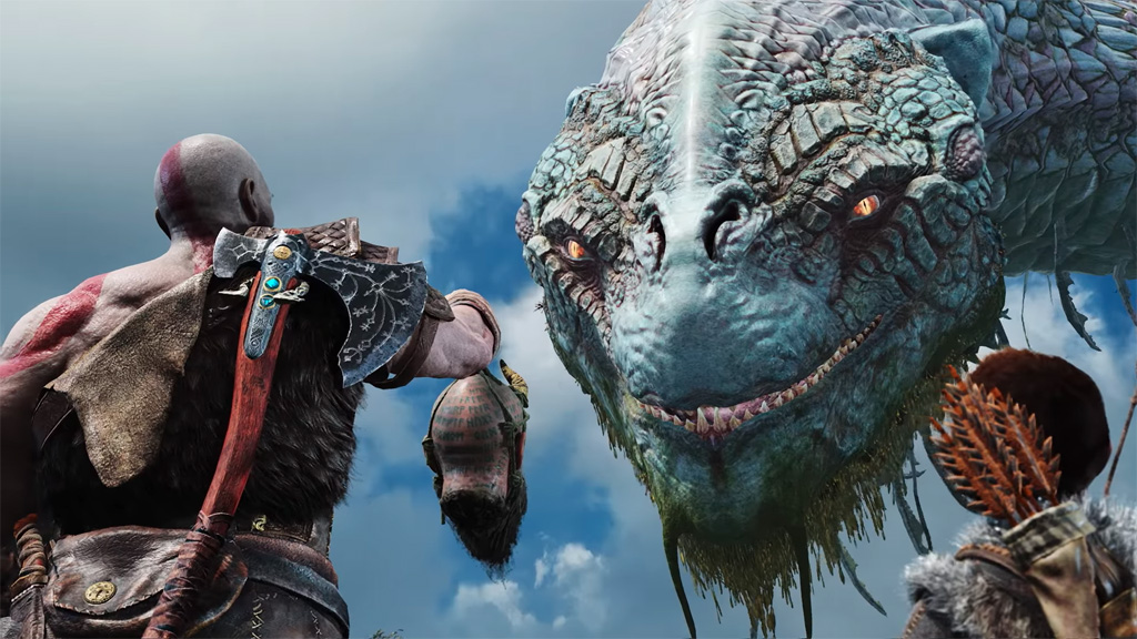 Kratos and Atrios speaking to a giant sea serpent in God Of War