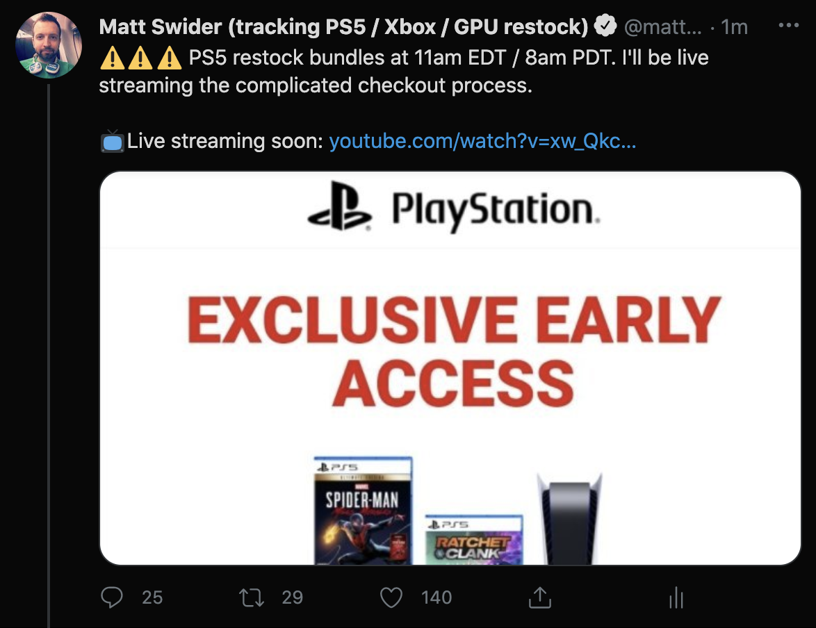PS5 restock Twitter alert for GameStop from Matt Swider