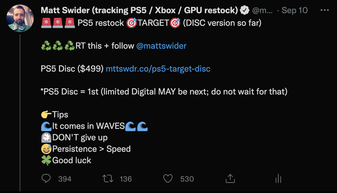 PS5 restock Target Twitter alert from Matt Swider