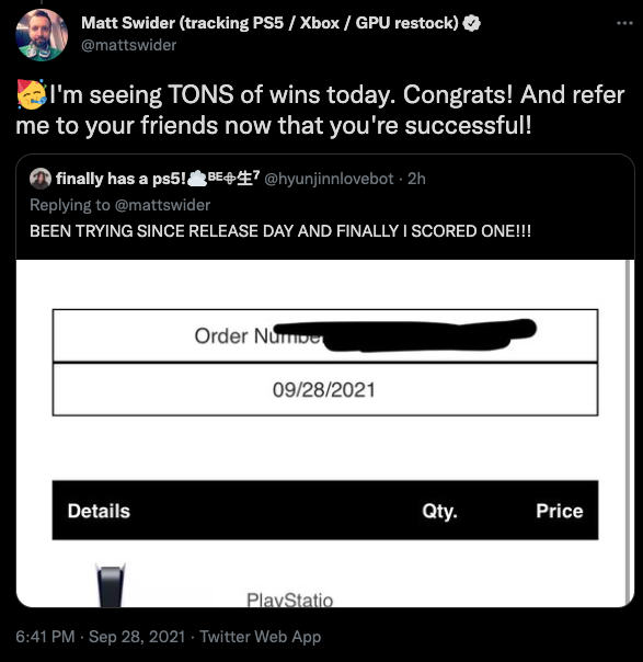 PS5 restock Twitter tracker Matt Swider tweet for Sony Direct