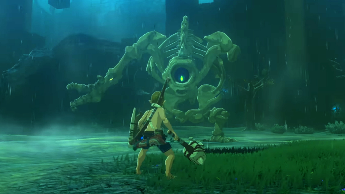 Zelda star Link faces a skeletal cyclops in The Legend of Zelda: Breath of the Wild for Nintendo Switch