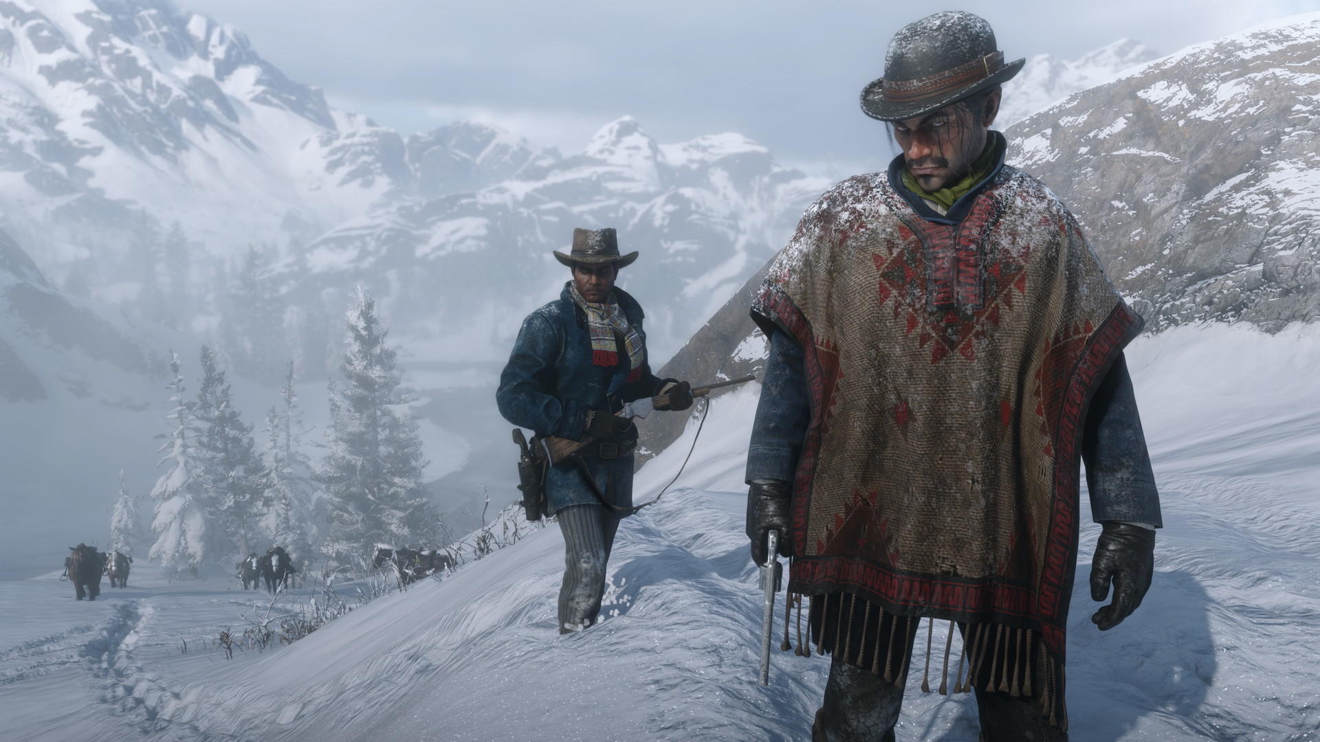 Red Dead Redemption 2 characters traversing a snow-covered mountain