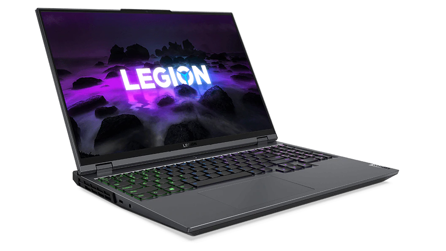 Lenovo Legion 5 Pro on a white background. The laptop is open, and there's a colorful background on the display with the Legion logo and what looks like black rocks surrounding it.