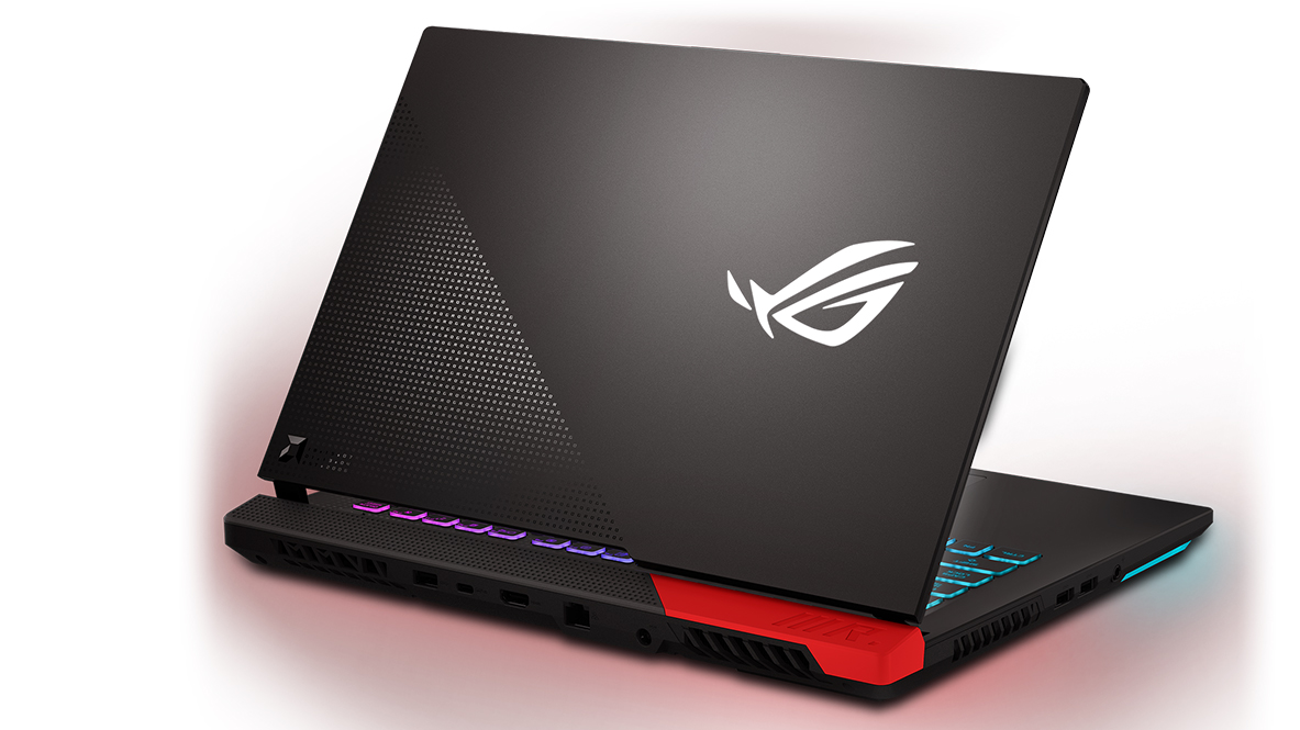 Asus ROG Strix G15 AMD Advantage Edition. The gaming laptop is shot from the back, showing the Asus ROG logo and the red accent on the back of the device.
