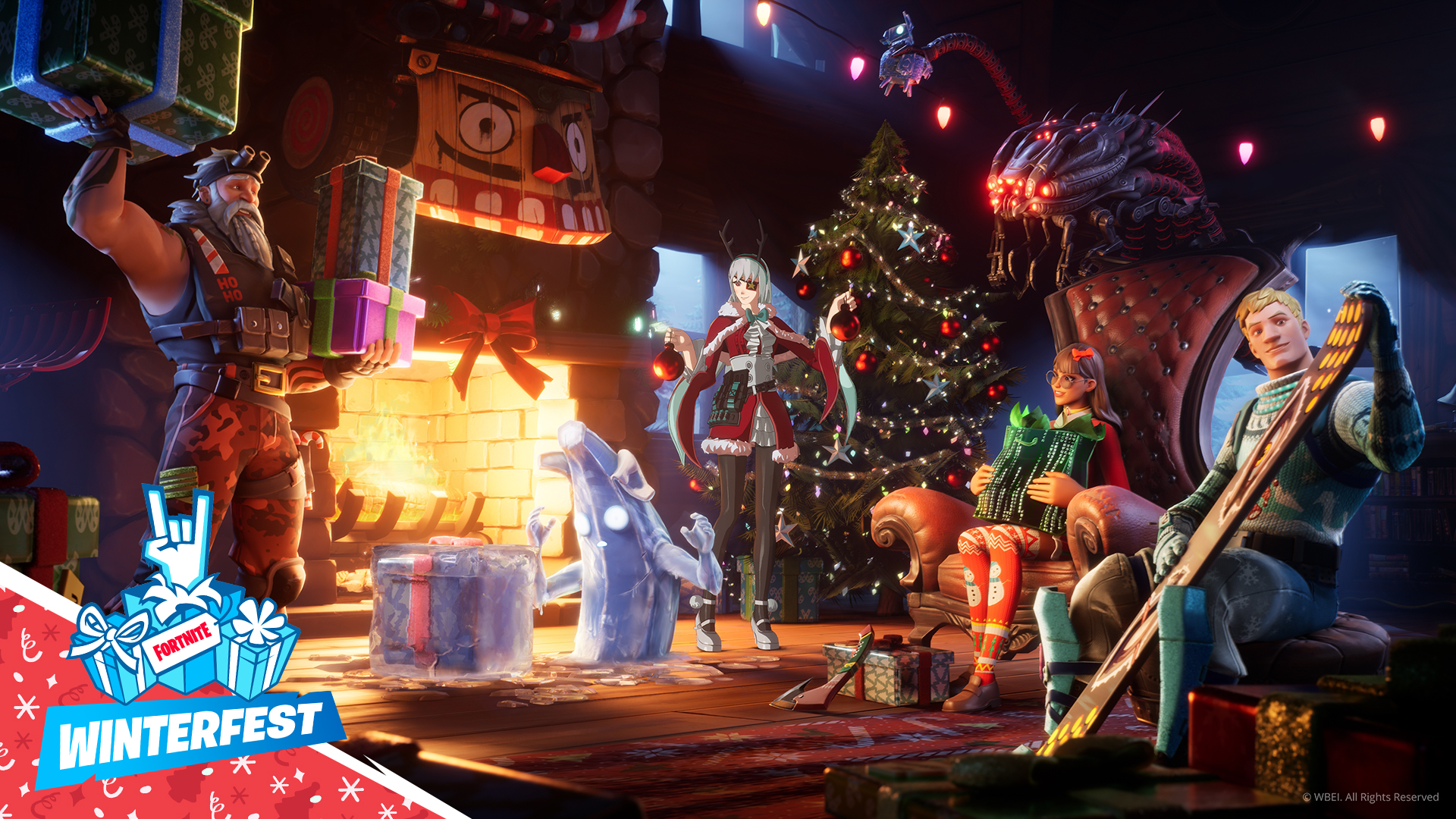 Fortnite Winterfest Lodge with characters resting by a log fire surrounded by presents and Christmas decorations.