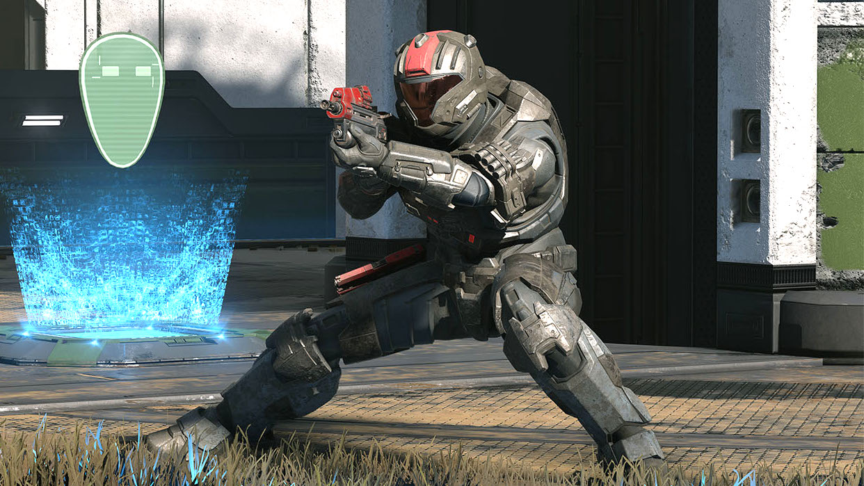 A Spartan in Halo Infinite firing a rifle