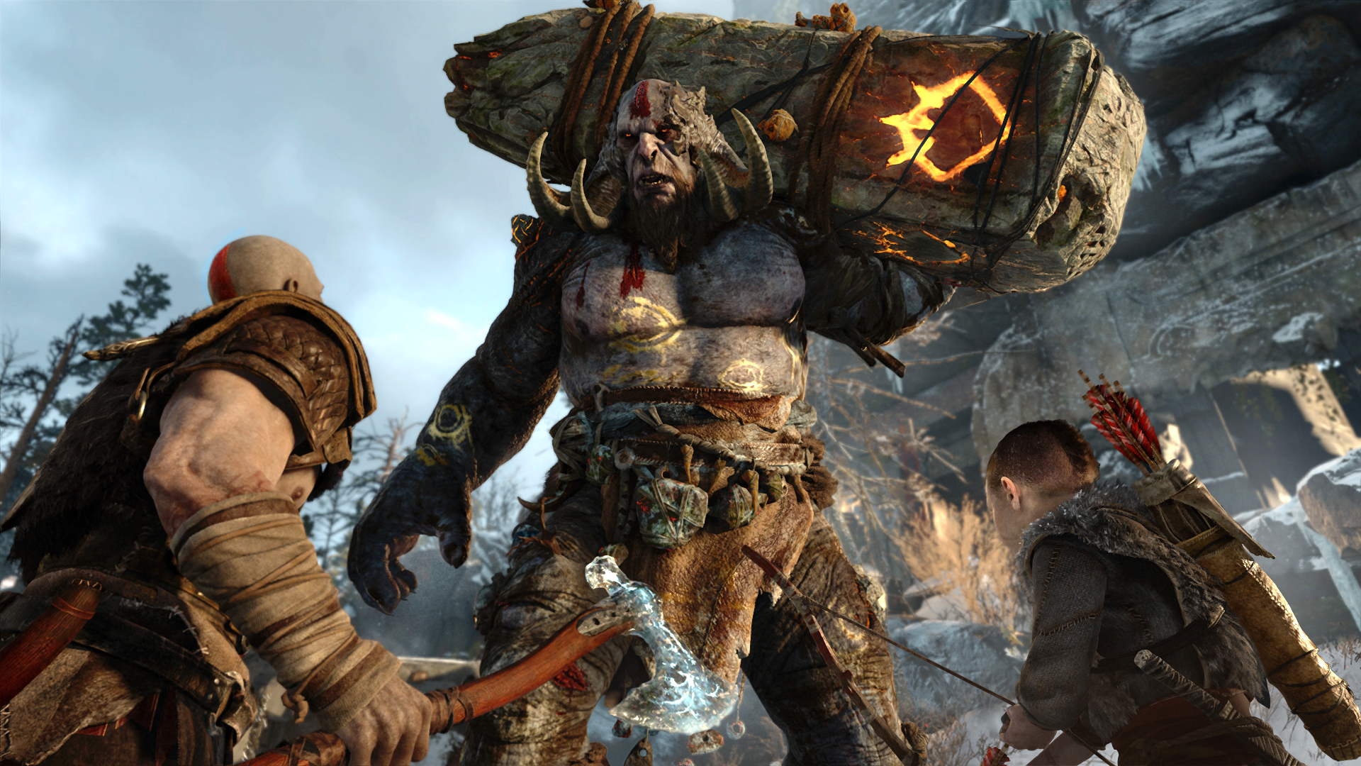 Kratos and Atreus fighting a troll in God of War