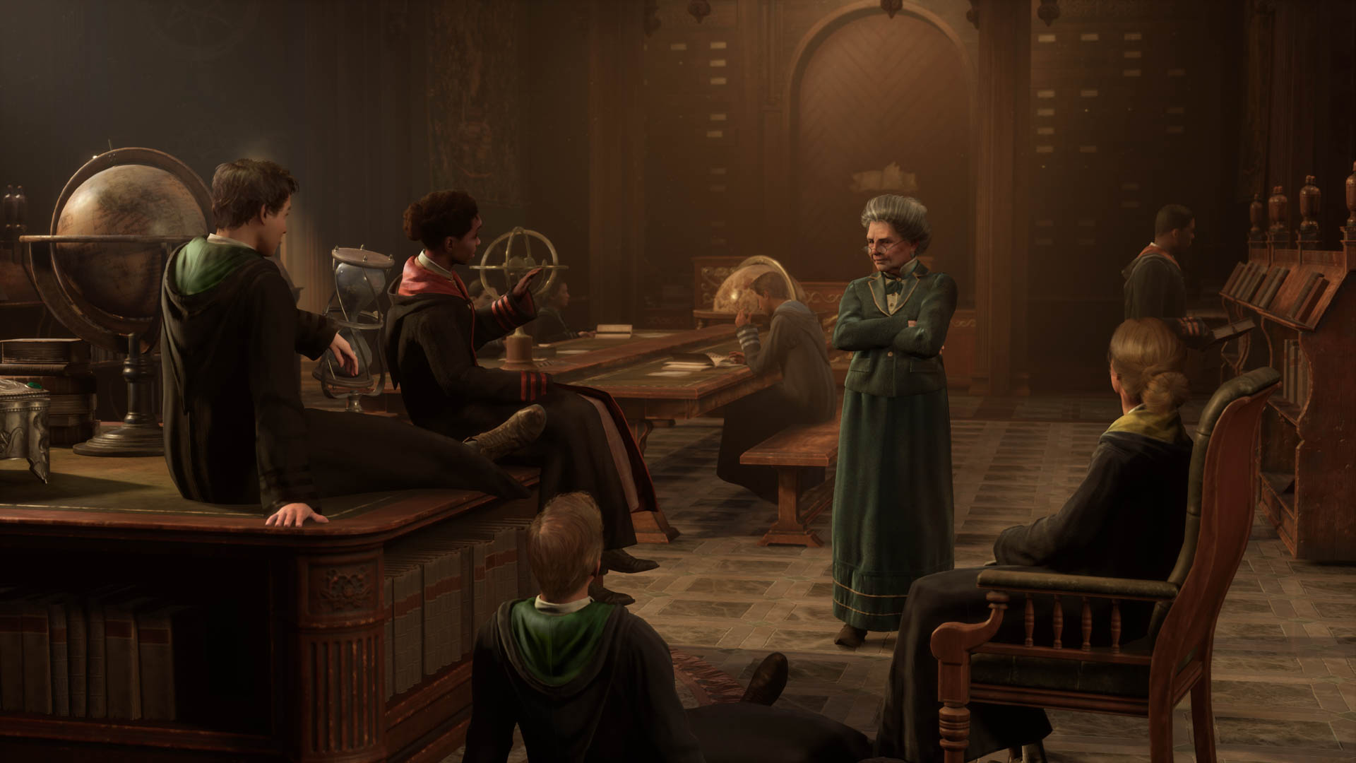 Hogwarts students from various houses speaking with a professor in the school