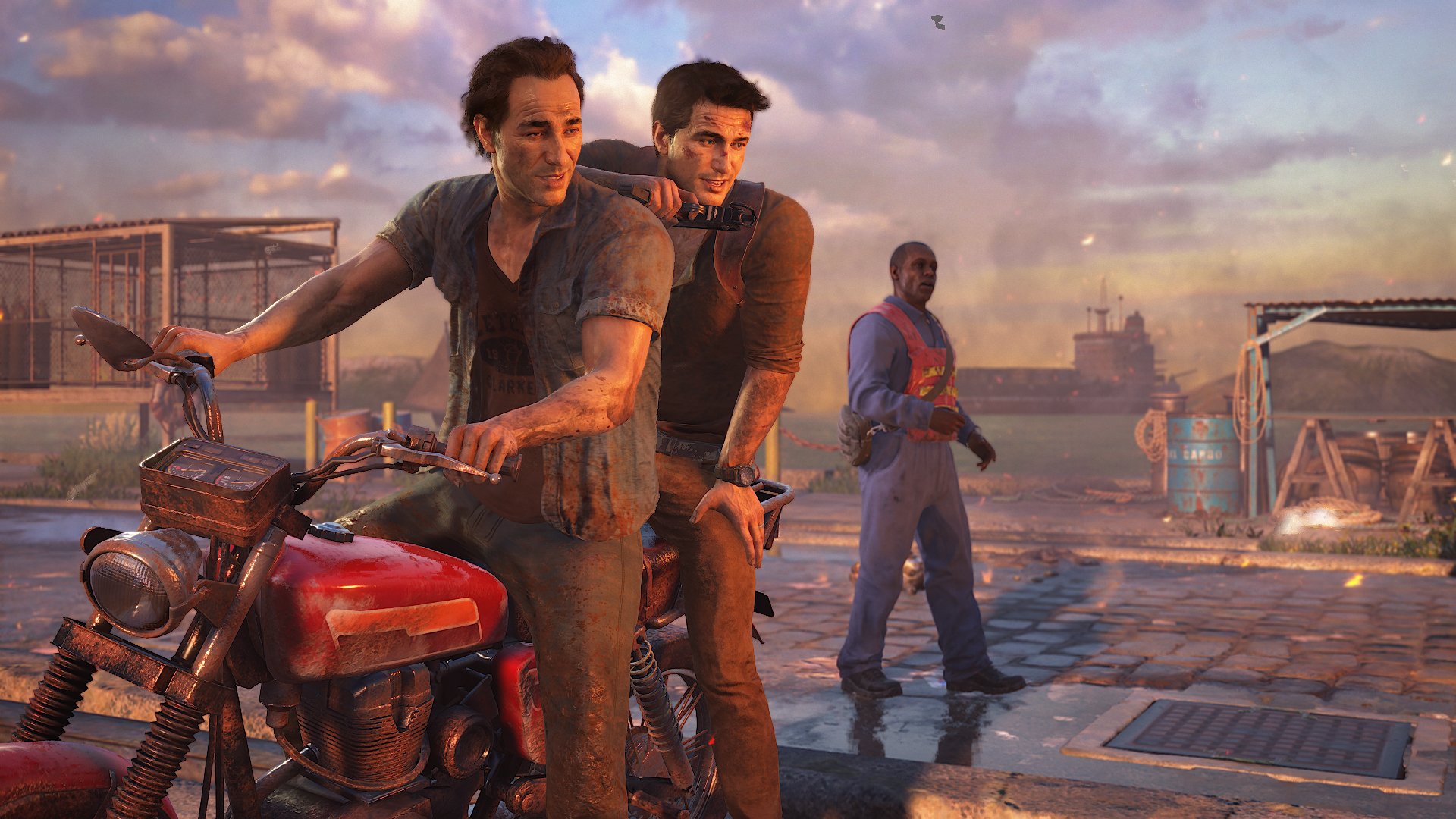 Uncharted protagonist Nathan Drake sitting on a motorbike with his brother