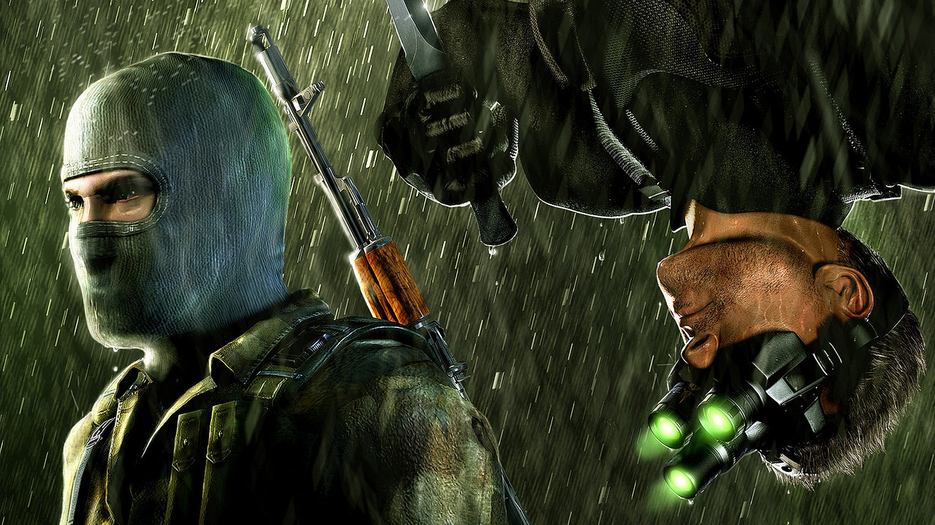 Splinter Cell's Sam Fisher hanging upside down, preparing to assassinate an armed guard