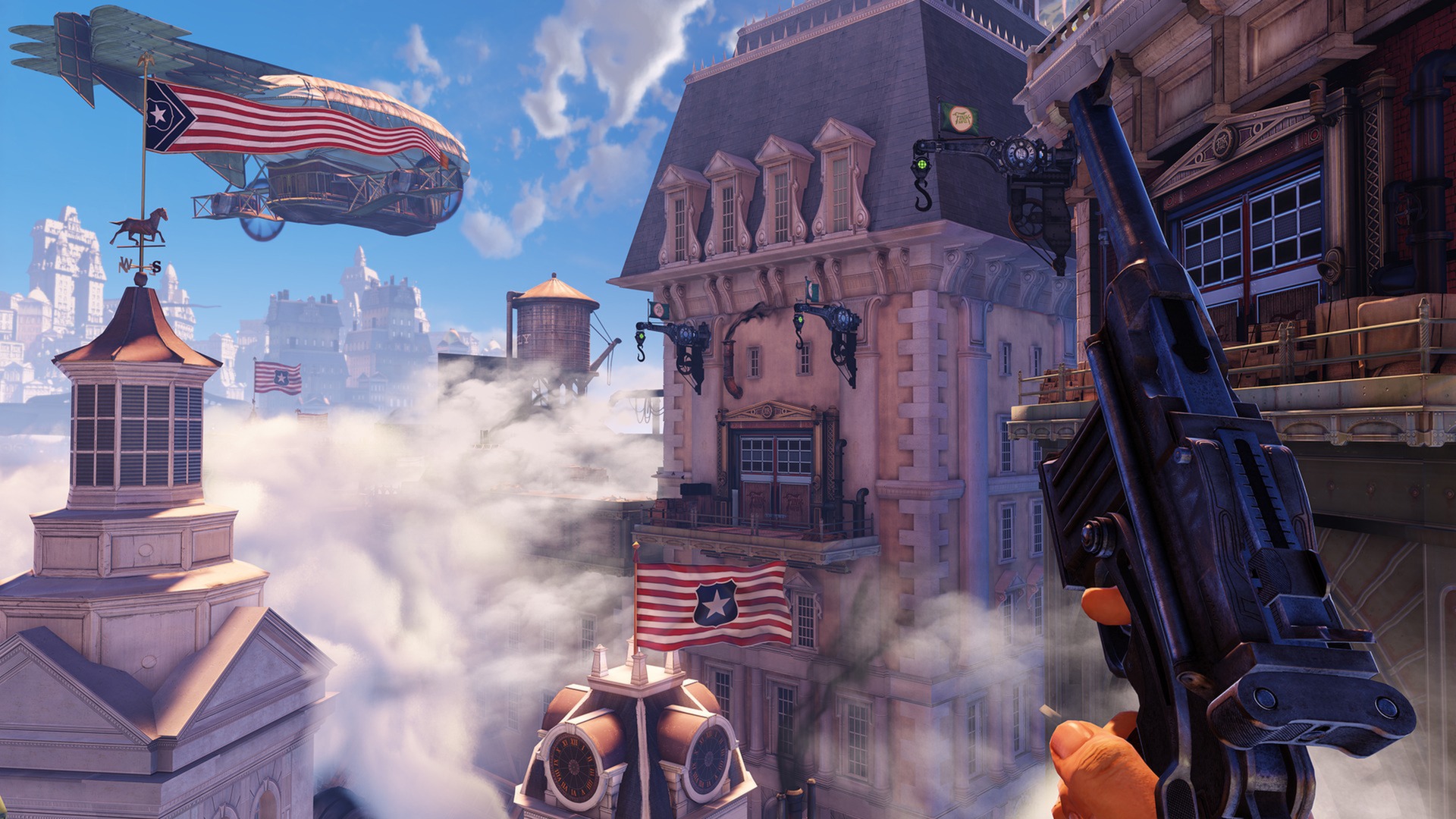 BioShock Infinite city of Columbia rooftop view in first-person