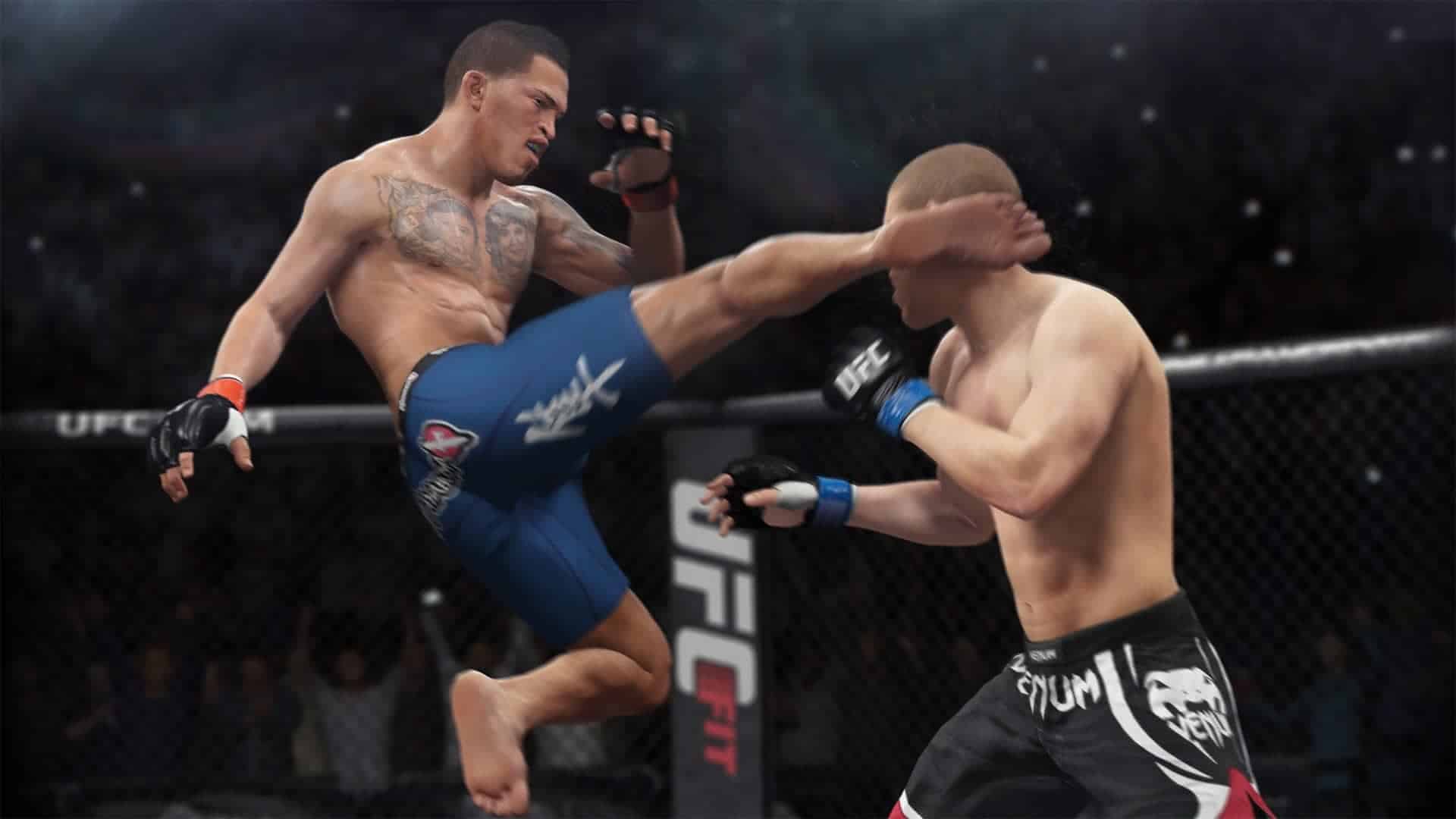 EA Sports UFC 4 screenshot - one fighter kicking the other in the face
