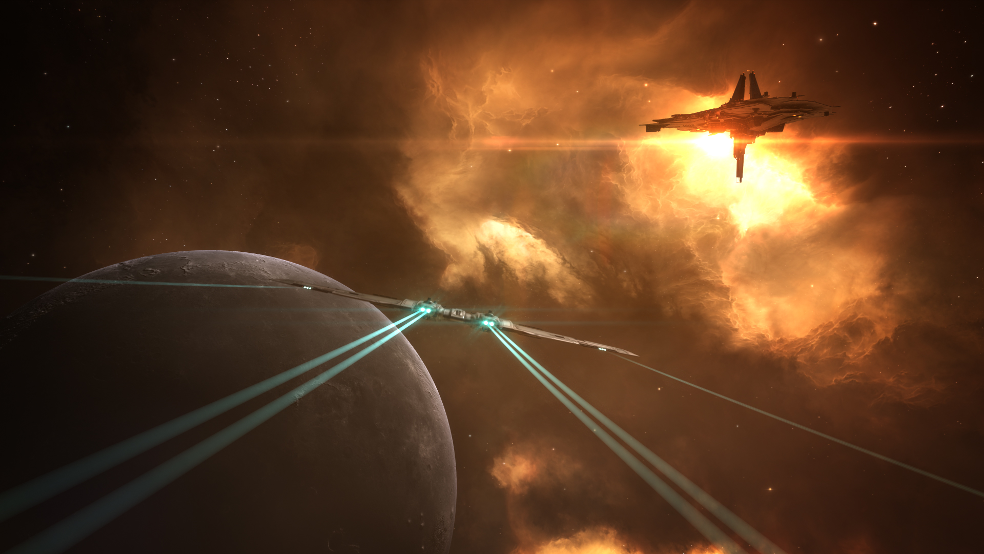 A spaceship flying through a nebula towards a planet in Eve Online