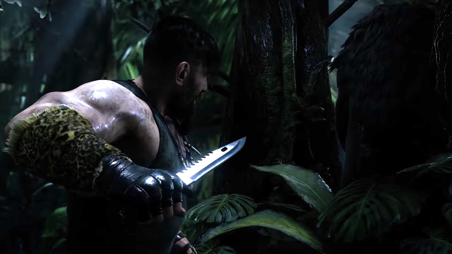 Kraven holds a blade and walks slowly through the jungle, stalking his prey