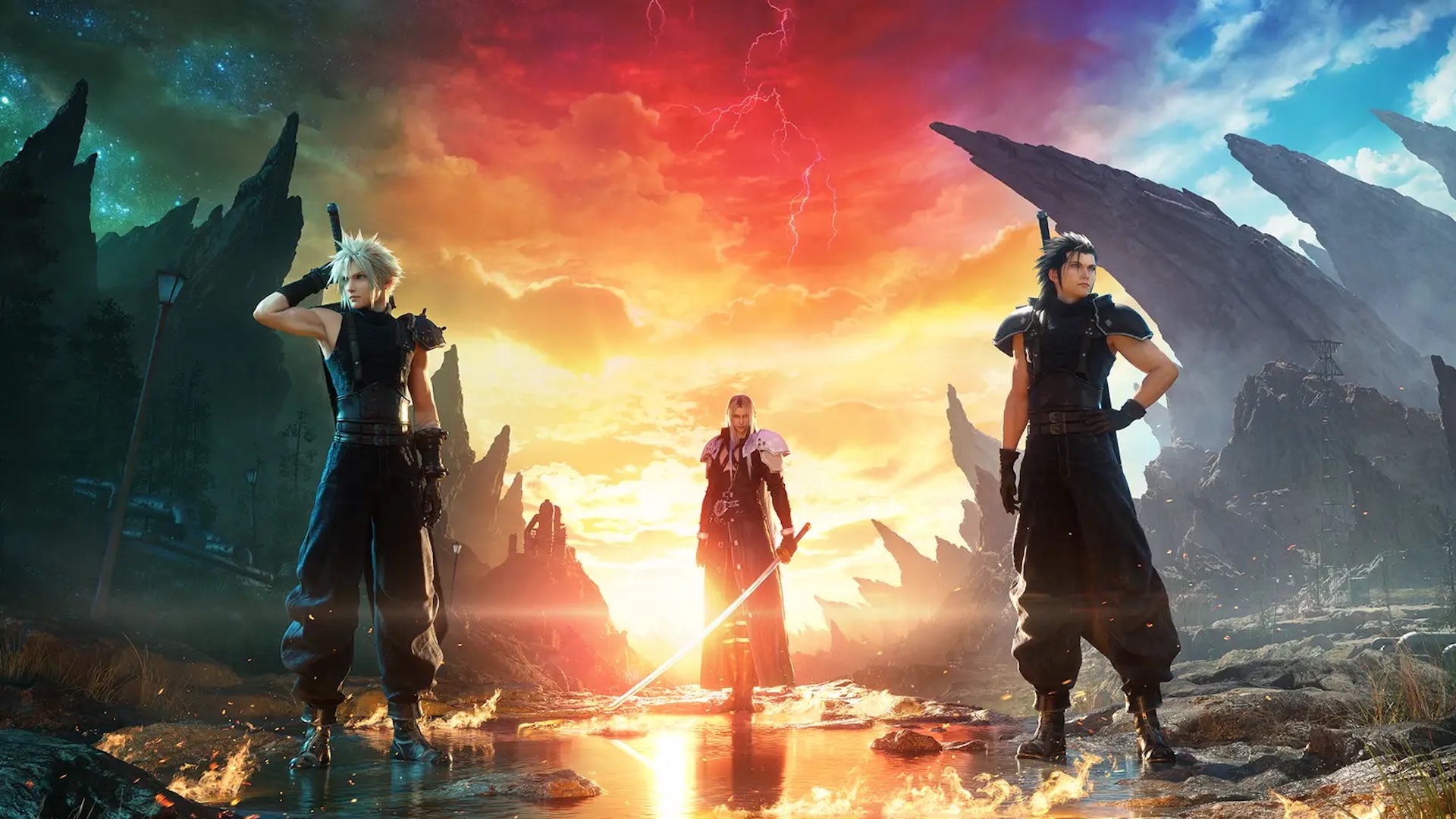 Cloud, Zack and Sephiroth stand with their backs to a vibrant sunset