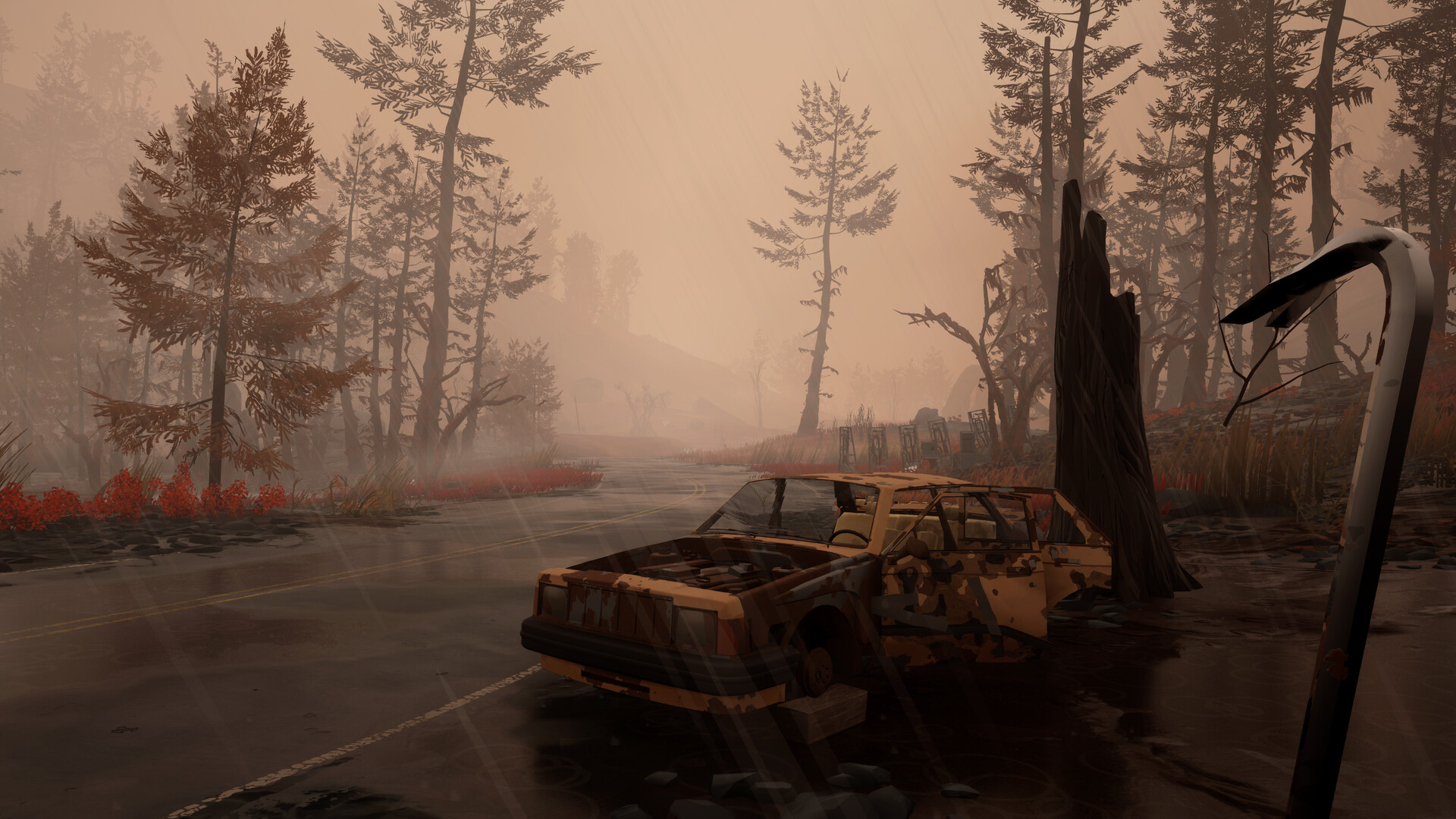 A screenshot from Pacific Drive with the character holding a crow bar in the rain in front of a wrecked car
